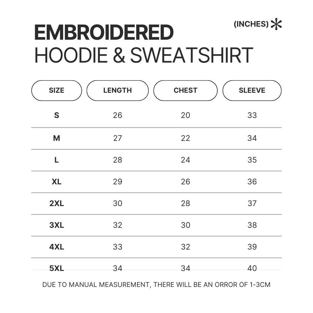 Embroidered Hoodie Sweatshirt Size Chart - Jujutsu Kaisen Store