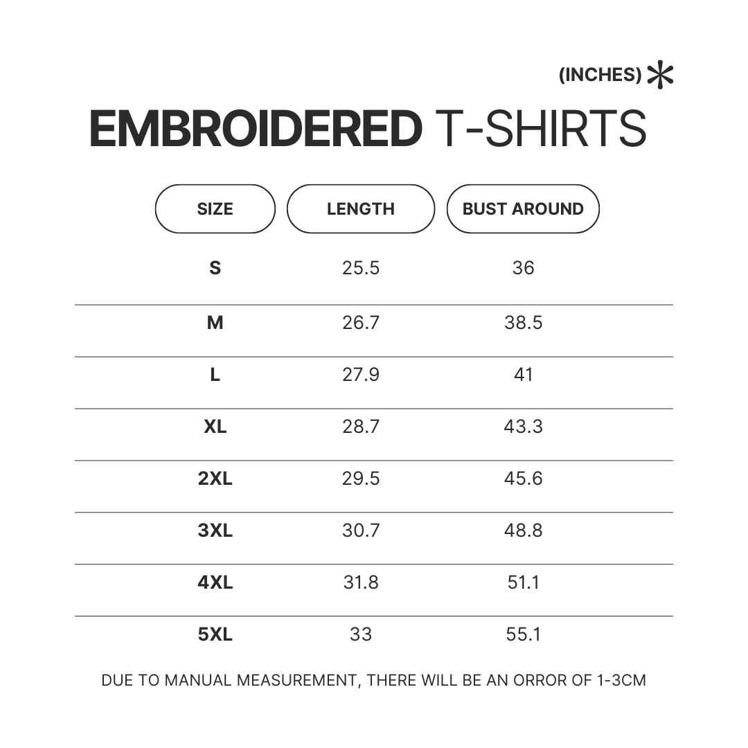 Embroidered T shirt Size Chart - Jujutsu Kaisen Store